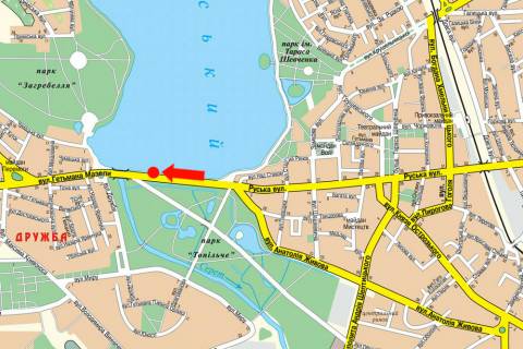 Citylight  in Ternopil, 1.8x1.2  Rus'ka st., bila parku "Topil'ce", damba, z centru scheme