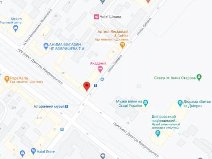 Video Billboard A in Dnipro (Dnipropetrovsk) Avornic'kogo av. (stara nazva Marksa av.), 20, apteka "Med Servis", NoDp004, prajs za rolik 10 sek 1 vihid/5 hvilin, z 8:00-22:00. Rozrahunok dla insih parametriv translacii utocnujte u menedzera. - 301328 scheme