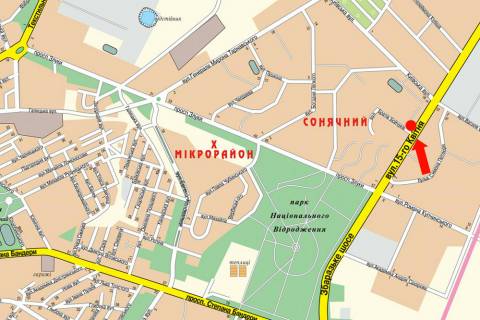 Billboard  in Ternopil, 3x6  15-go Kvitna st. / Bojcukiv st., bila TC "Raj Centr", supermarketu "Sil'po", z centru scheme