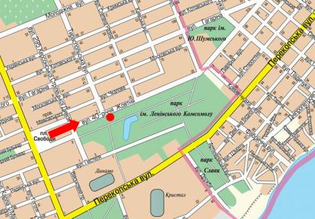 Billboard A in Kherson, 3x6  Nebesnoi Sotni st. (kol. 40-ricca Zovtna st.) / Tiraspol's'ka st., bila parku "Hersons'ka forteca", z centru (flazok) scheme