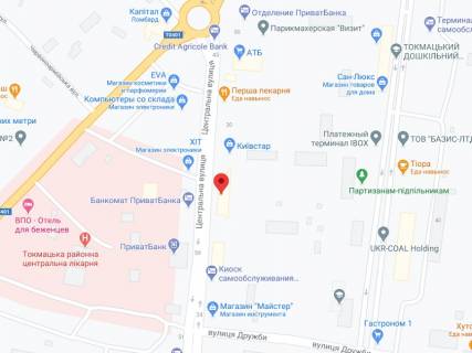 Billboard A in Tokmak Central'na st., 30, apteka "Med Servis", NoDn119, prajs za rolik 10 sek 1 vihid/5 hvilin, z 8:00-22:00. Rozrahunok dla insih parametriv translacii utocnujte u menedzera. scheme