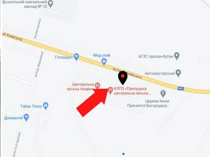 Billboard A in Pryluky Kiivs'ka st., 56, pered v'izdom v prijmal'ne viddilenna KLPZ <<Priluc'ka central'na mis'ka likarna>> scheme