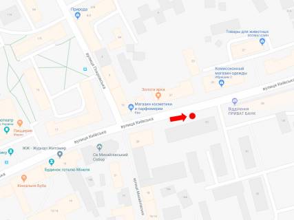 Citylight A in Zhytomyr, 1.8x1.2  Kiivs'ka st., 22 / st. Pokrovs'ka (kolis. st. Sorsa), zupinka <<Ukrtelekom>>, z centru scheme