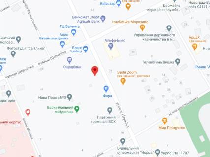 Billboard A in Zvyagel (Novograd-Volinsky) Puskina st., 4a, apteka "Med Servis", NoK029, prajs za rolik 10 sek 1 vihid/5 hvilin, z 8:00-22:00. Rozrahunok dla insih parametriv translacii utocnujte u menedzera. scheme