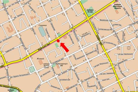 Billboard B in Zhytomyr, 3x6  Knaziv Ostroz'kih st. (kol. Seluskova st.) / Kiivs'ka st., bila Ukrgazbanku, na svitlofori scheme