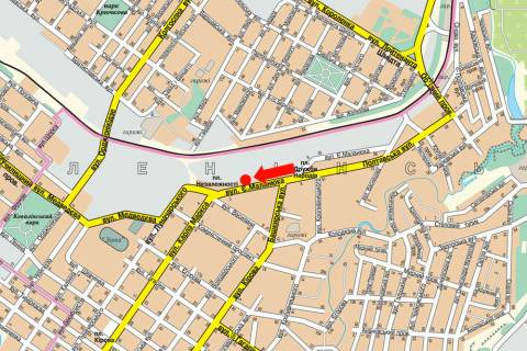 Billboard A in Kropyvnytskyi (Kirovograd), 3x6  Malanuka st., 5 /Nezaleznosti pl., bila svejnoi fabriki "Zoranka", supermarketu "ATB" scheme