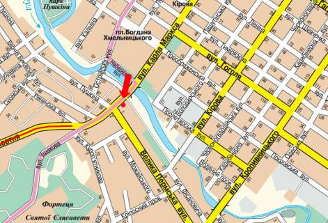 Citylight B in Kropyvnytskyi (Kirovograd), 1.8x1.2  Soborna st. (kol. 50-ricca Zovtna st.) / V. Perspektivna st. (kol. Marksa st.), bila mostu cerez r. Ingul, z centru scheme