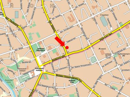 Citylight  in Zhytomyr, 1.8x1.2  Pokrovs'ka st. (kol. Sorsa st.), 4 / Kiivs'ka st., bila magazinu "Radiodetali" scheme