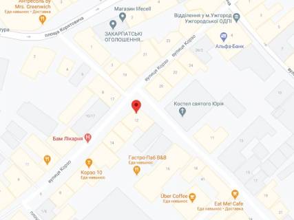 Billboard A in Uzhgorod Volosina st., 12/16, apteka "Med Servis", NoL004, prajs za rolik 10 sek 1 vihid/5 hvilin, z 8:00-22:00. Rozrahunok dla insih parametriv translacii utocnujte u menedzera. scheme