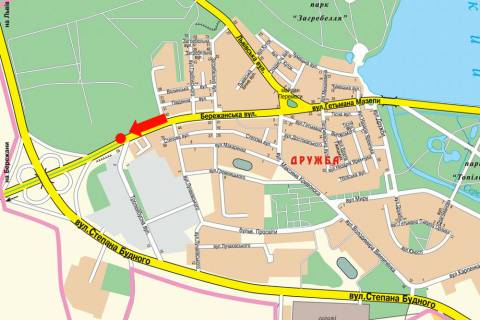 Billboard A in Ternopil, 3x6  Berezans'ka st. / Trolejbusna st., rozdil'nik, z centru scheme