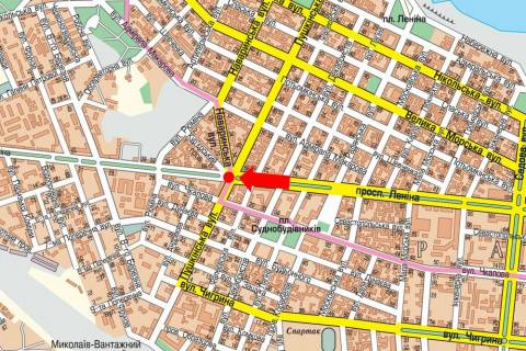 Billboard B in Mykolaiv, 3x6  Central'nij av. (kol. Lenina av.) / Puskins'ka st., rozdil'nik, bila supermarketu "El'dorado", v bik portu scheme