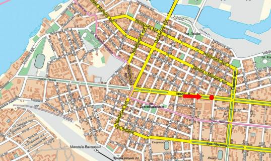 Billboard A in Mykolaiv, 3x6  Central'nij av. (kol. Lenina av.) / Inzenerna st., bila TRC "City Center", z centru scheme