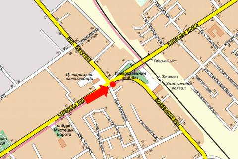 Prismatron, Prism A in Zhytomyr, 3x6  Kiivs'ka st. / Petluri st. (kol. Borodia st.), bila avtovokzalu, na svitlofori, z centru - 18396 scheme