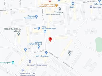 Billboard A in Pershotravensk Gor'kogo st., 3, apteka "Med Servis", NoDp023, prajs za rolik 10 sek 1 vihid/5 hvilin, z 8:00-22:00. Rozrahunok dla insih parametriv translacii utocnujte u menedzera. scheme