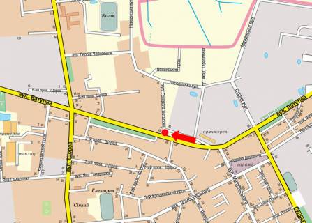 Billboard A in Zhytomyr, 3x6  Nezaleznosti av. (kol. Vatutina st.) / Otamaniv Sokolovs'kih st. (kol. Potapova st.), v bik Pokrovs'koi st. (kol. Sorsa st.), bila supermarketu "Ekomarket", na svitlofori scheme