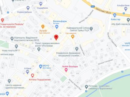 Billboard A in Lutsk Ukrainki st., 61, apteka "Med Servis", NoL021, prajs za rolik 10 sek 1 vihid/5 hvilin, z 8:00-22:00. Rozrahunok dla insih parametriv translacii utocnujte u menedzera. scheme