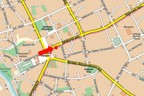 Citylight A in Zhytomyr, 1.8x1.2  Kiivs'ka st., 4, bila kostelu, navproti gotelu "Ukraina", Ukrsibbanku scheme