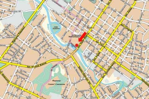 Billboard A in Kropyvnytskyi (Kirovograd), 3x6  V. Perspektivna st. (kol. Marksa st.) / Naberezna st., navproti supermarketu "Sil'po", central'nogo rinku scheme