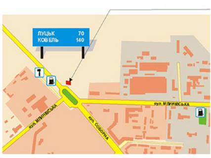 Billboard A in Rivne Mlinivs'ka st., 32, navproti, viizd z mista, v storonu m. Luc'k scheme