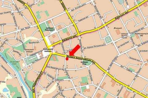 Citylight B in Zhytomyr, 1.8x1.2  Berdicivs'ka st., 4 / Teatral'na st., navproti magazinu "Brejn", Avtodoroznogo koledzu, na svitlofori scheme