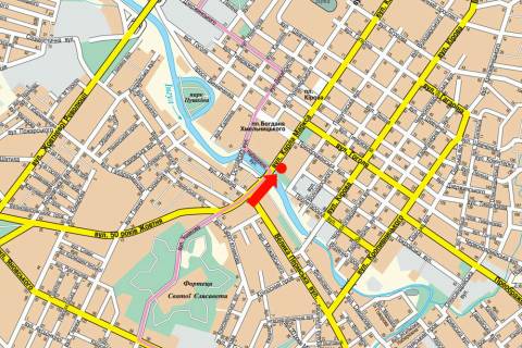 Billboard A in Kropyvnytskyi (Kirovograd), 3x6  V. Perspektivna st. (kol. Marksa st.) / Naberezna st., porad z CUMom, supermarketom "Sil'po", central'nim rinkom scheme