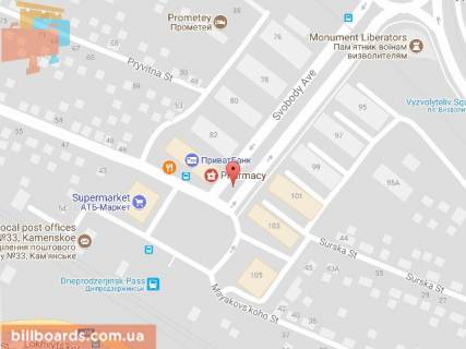 Billboard A in Kam'yanske (Dniprodzerzhinsk), 6х3  prosp. Svobodi, 103-B (r-n privokzal'noi plosi), ruh do zaliznicnogo vokzalu scheme