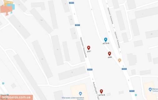 Billboard A in Kam'yanske (Dniprodzerzhinsk), 6х3  prosp. Anoskina, rajon magazinu "Budinok Mebliv", z'izd z novogo mostu v napramku do centru scheme