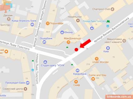 Cityscroll A in Kyiv, 1.8x1.2  V. Vasil'kivs'ka st. (kol. Cervonoarmijs'ka st.), 20, bila st. m. "pl. L. Tolstogo", Mc''Donald''s, v bik Tolstogo pl. scheme