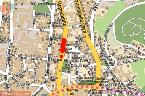 Cityscroll A in Lviv, 1.8x1.2  Cornovola av., 9 / Zernova st., rozdil'nik, bila gotelu "L'viv", na svitlofori, v centr scheme