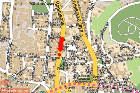 Cityscroll A in Lviv, 1.8x1.2  Cornovola av., 9 / Zernova st., rozdil'nik, bila gotelu "L'viv", na svitlofori, v centr scheme