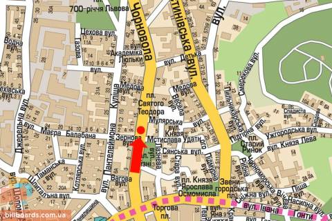 Cityscroll A in Lviv, 1.8x1.2  Cornovola av., 9 / Zernova st., rozdil'nik, bila gotelu "L'viv", na svitlofori, z centru scheme