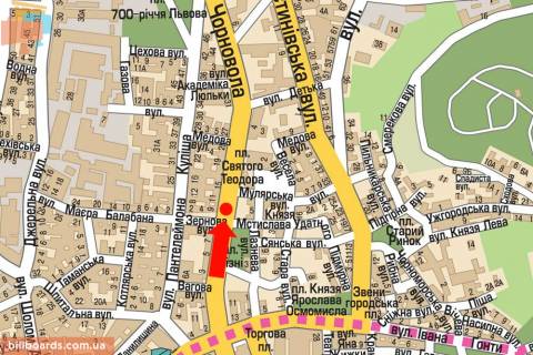 Cityscroll A in Lviv, 1.8x1.2  Cornovola av., 9 / Zernova st., rozdil'nik, bila gotelu "L'viv", na svitlofori, z centru scheme