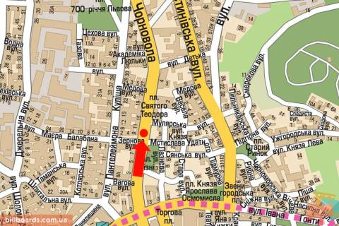 Cityscroll A in Lviv, 1.8x1.2  Cornovola av., 9 / Zernova st., rozdil'nik, bila gotelu "L'viv", na svitlofori, z centru scheme