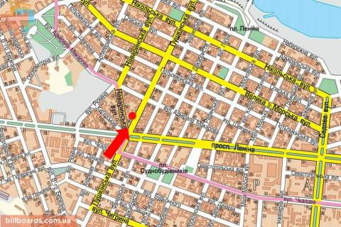 Billboard B in Mykolaiv, 3x6  Puskins'ka st. / Navarins'ka st. / Central'nij av. (kol. Lenina av.), Puskins'ke kil'ce scheme