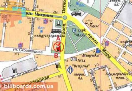 Billboard  in Mykolaiv Bogoavlenskij  av. (byvs. Oktabr'skij av.) / Kuzneckaa st. (byvs. Skorohodova st.), v centr scheme