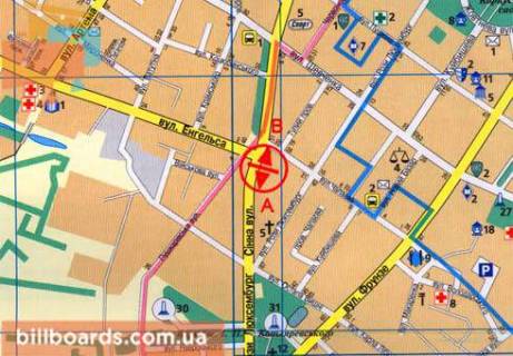 Billboard  in Poltava Sennaa st. / Goncara st. (byvs. Engel'sa st.), vozle AZS "Okko", v storonu Geroev-Cernobyl'cev st. (byvs. Capaeva st.) scheme