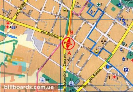 Billboard  in Poltava Sennaa st. / Goncara st. (byvs. Engel'sa st.), vozle AZS "Okko", v storonu Visni st. scheme