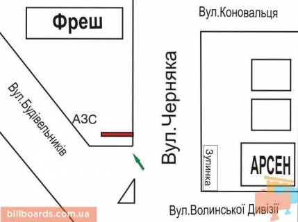 Billboard B in Rivne Bogoavlens'ka st. (kolis. Cernaka st.) - Konoval'ca st. scheme