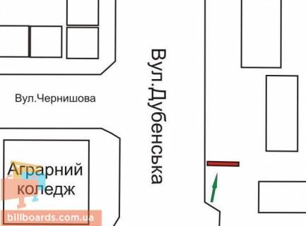 Billboard A in Rivne Dubens'ka st. (kolis. Sicovih Stril'civ st.) - Cernisova st., zupinka "Rgak" scheme