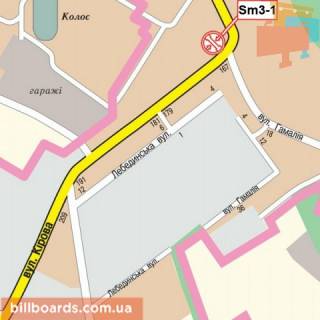 Billboard A in Sumi Kondrat'eva st. (kolis. Kirova st.) - Gamalia st., z centru scheme