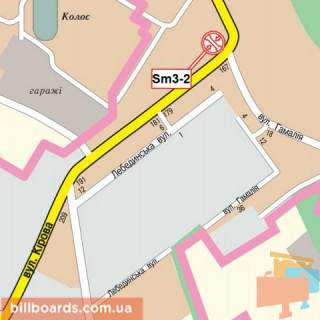 Billboard B in Sumi Kondrat'eva st. (kolis. Kirova st.) - Gamalia st., v centr scheme