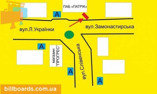 Billboard A in Ternopil Ukrainki st. / Slivenskaa st. / Monastyrskogo st. scheme