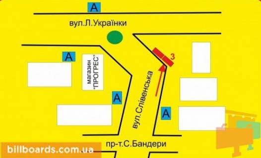 Billboard A in Ternopil Slivenskaa st., 15, vozle magazina "Progres", pravaa scheme