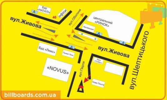 Citylight A in Ternopil Perla st., vozle Privatbanka, supermarketov "Novus", "El'dorado", "Jysk" scheme