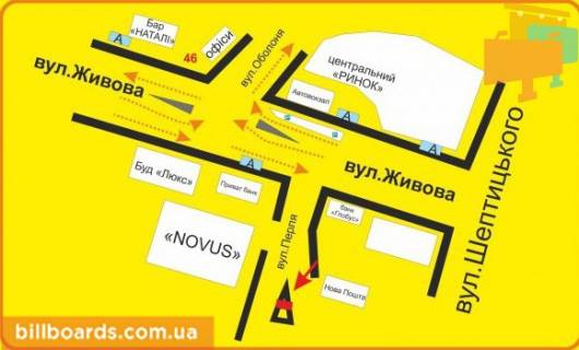 Citylight A in Ternopil Perla st., vozle Privatbanka, supermarketov "Novus", "El'dorado", "Jysk" scheme