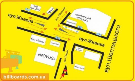 Citylight B in Ternopil Perla st., vozle Privatbanka, supermarketov "Novus", "El'dorado", "Jysk" scheme