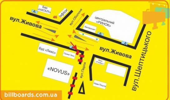 Citylight A in Ternopil Perla st., vozle Privatbanka, supermarketov "Novus", "El'dorado", "Jysk" scheme