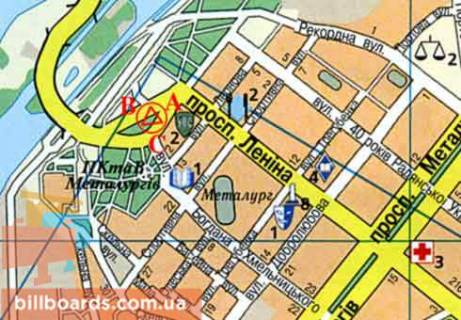 Billboard B in Zaporizhzhya, 3x6  Sobornij av. (Lenina av.) - Bogdana Hmel'nic'kogo st. scheme
