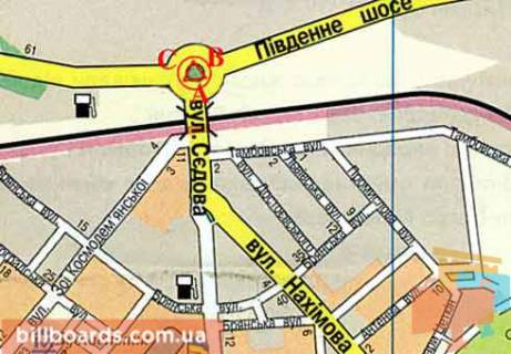 Billboard B in Zaporizhzhya, 3x6  Pivdenne sose - Sedova st. scheme