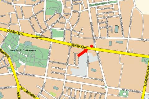 Citylight B in Rivne, 1.8x1.2  Kiivs'ka st. / Grusevs'kogo st., bila magazinu "Mandarin", navproti avtosalonu "Citroen" scheme